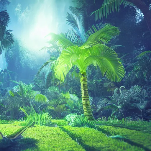 Prompt: green juice in a luscious tropical grove with neon auroras, path traced, environment, highly detailed, concept art, realistic, octane render, unreal engine, up close shot