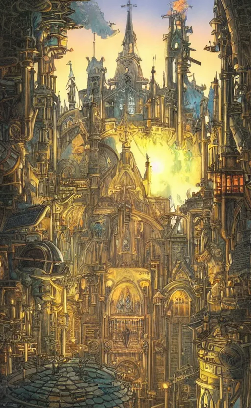 Image similar to Studio Ghibli steampunk cathedral at dusk by Hayao Miyazaki, Michael Whelan, and Thomas Kincade