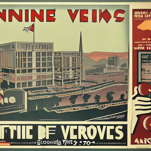 Image similar to 1930s poster of an infinite 70s office view from the bottom and some workers