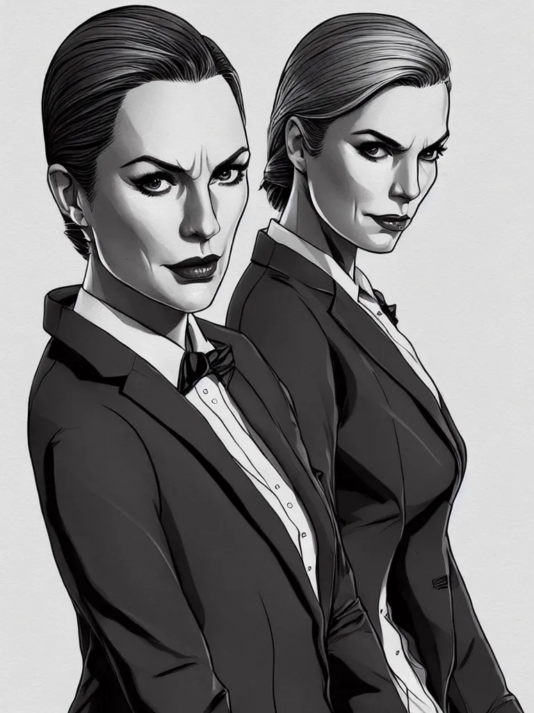 Prompt: Kim Wexler of Better Call Saul series with a chiseled Jawline and serious Look in his Suit, in the Style of Artgerm and Ross Draws and Mike Mignola and Atey Ghailan, rimlight, vibrant colors, hard shadows, Comic Cover Art, trending on artstation