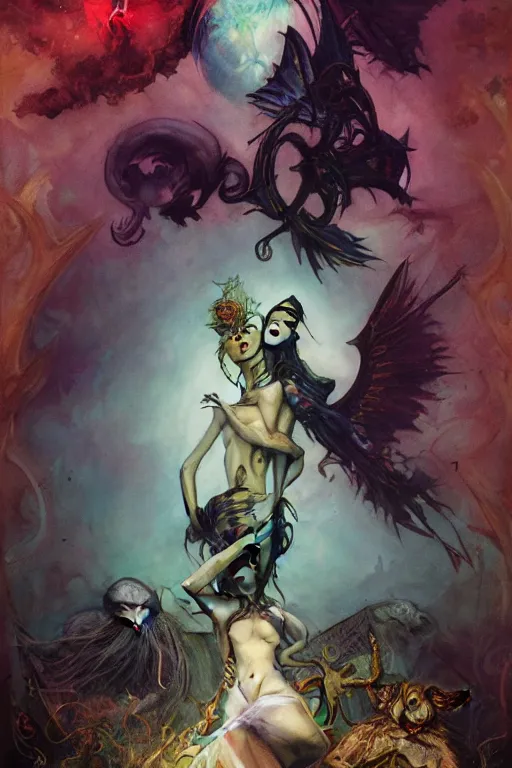 Image similar to an illustrated tarot card of The lovers based on the original rider waite tarot deck, full of colors, evil, satanic, high contrast, on old paper, insane details, concept art, elegant, unreal 5, CGSociety, hyperrealistic, octane render, by Peter Mohrbacher and Greg Rutkowski and brian froud and Craig Mullins, RPG portrait, dynamic lighting