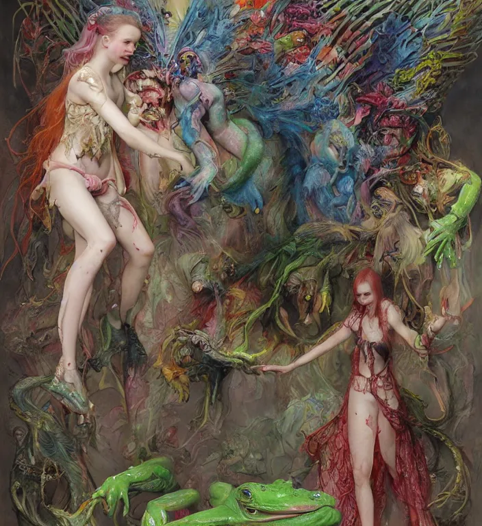 Prompt: elle fanning as a brightly colored harpy with wet mutated skin. she is trying on a amphibian alien suit. by tom bagshaw, donato giancola, hans holbein, walton ford, gaston bussiere, peter mohrbacher, brian froud and iris van herpen. 8 k, cgsociety