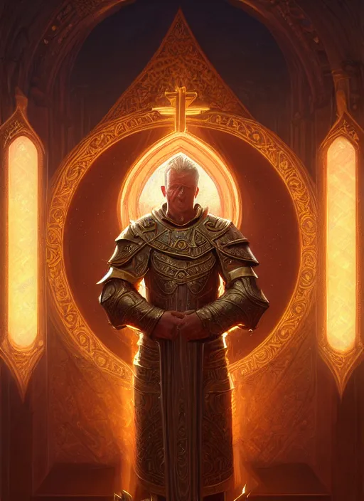 Prompt: portrait of uther the paladin, intricate, elegant, god rays, blessed altar, holy glowing lights, highly detailed, digital painting, artstation, concept art, smooth, sharp focus, illustration, art by wlop, mars ravelo and greg rutkowski