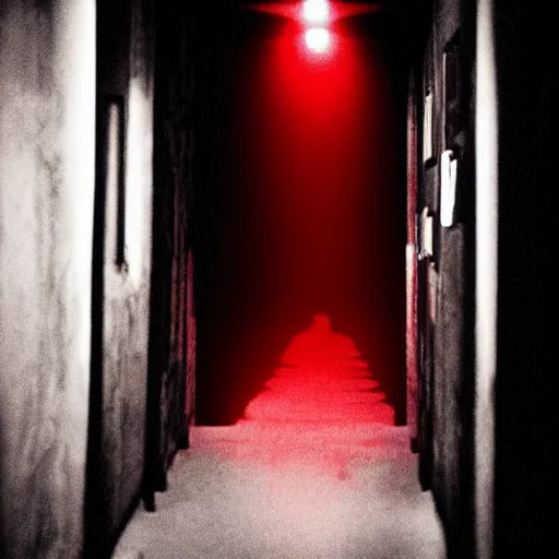 Image similar to photograph of an extremely dark narrow hallway with glowing humanoid monster made out of tv static, dark deep black shadows, red and black color contrast in the style of trevor henderson