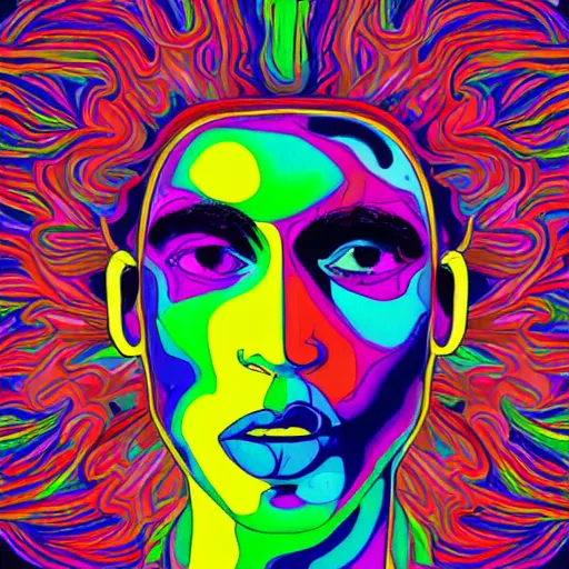 Prompt: a cool colourful psychedelic face in the style of an album cover