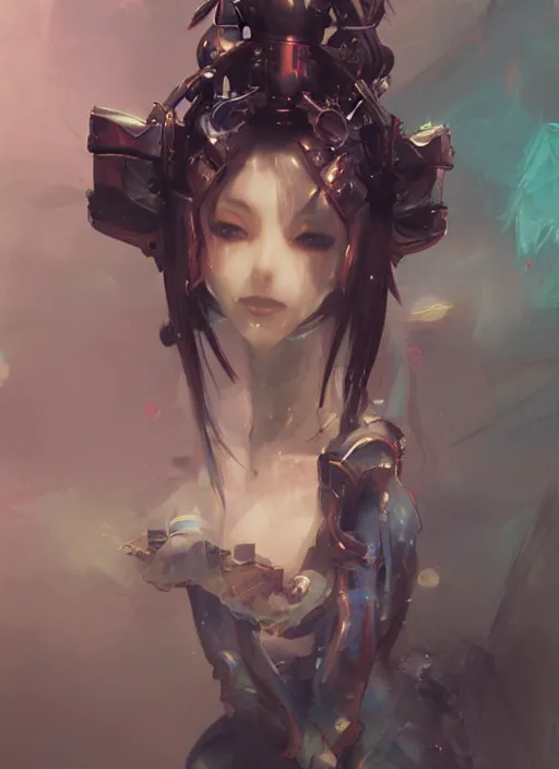 Image similar to matte painting, by yoshitaka amano, by ruan jia, by conrad roset, by good smile company, detailed anime 3d render of a female jester android, portrait, cgsociety, artstation, quirky mechanical costume and grand headpiece, surreal mystical atmosphere