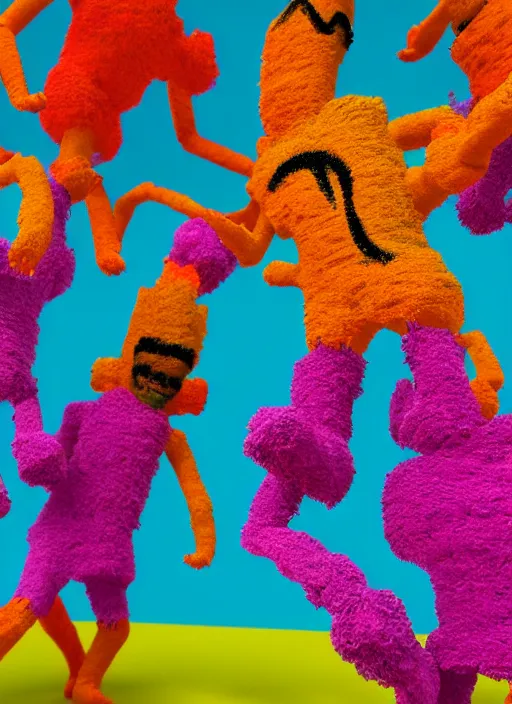 Image similar to group of giant sakura-colored people dancing made out of fluffy pipecleaners in the style of Jean-Michel Basquiat, 3D cinematic lighting, spotlight at a 90 DEGREE ANGLE, photorealism, octane render, depth of field, 8k, 35mm, artgem, Trending on artstation