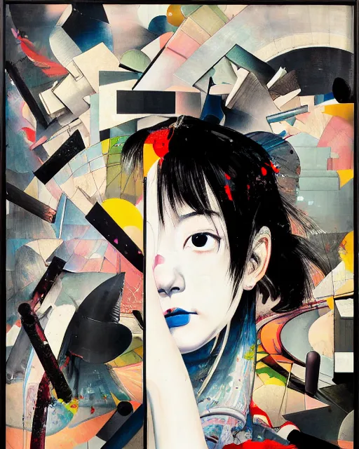 Image similar to decollage painting young japanese actress struggling in a ruined city by adrian ghenie and takato yamamoto and edward hopper and mark ryden and tsutomu nihei, part by bridget riley, acrylic pour and splashing paint, very coherent, baroque elements, perfect anatomy, intricate design. pop art.