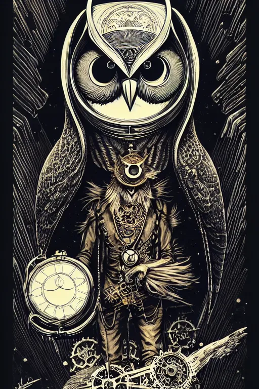 Image similar to side view of majestic steampunk anthropomorphic owl alchemist cloaked wizard, high details, bold line art, by vincent di fate and joe fenton, inking, etching, screen print, masterpiece, trending on artstation, sharp, high contrast, hyper - detailed,, hd, 4 k, 8 k