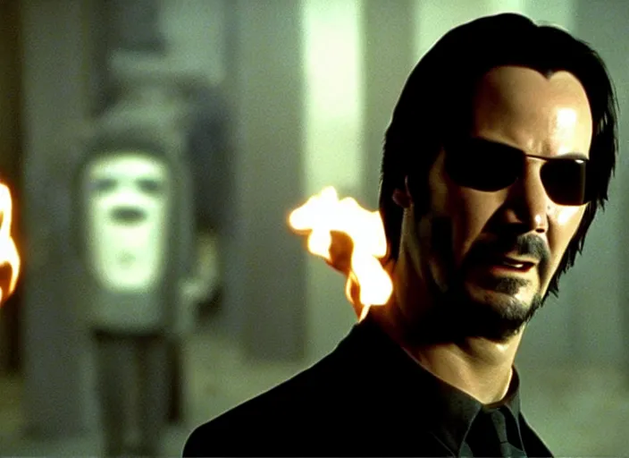 Image similar to Movie still of Keanu Reeves as Neo in The Matrix movie doing a thumb up to the camera in front on burning servers, servers in flames in the background, doing a thumb up, The Matrix servers on fire, uncropped, full body, crispy, symmetrical face, ultra detailed, cinematic, thumb up, double thumb up to the camera