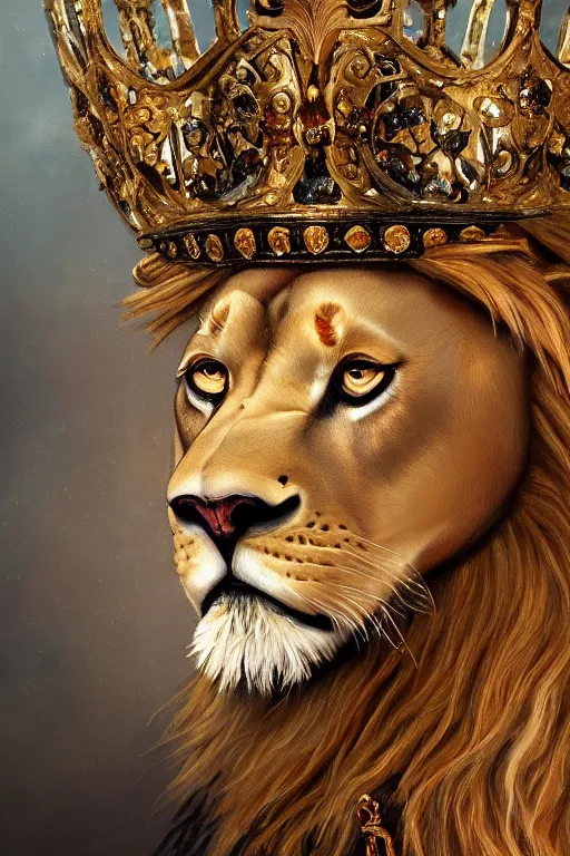 Prompt: an oil painting portrait of a lion wearing medieval royal robe and an ornate crown on a dark background, digital Art, concept Art, highly detailed, 3-D 4K, trending on art station, Award winning, Mark Brooks