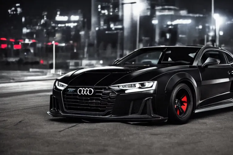 Image similar to widebody all black audi camaro b 9 ( 2 0 2 0 ), need for speed : carbon, at night, sci - fi, neon lines, phonk music background, smoke behind wheels, noise, dark, establishing shot, by simon stalenhag