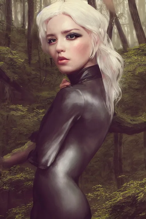 Prompt: woman in a dress in a forest, detailed black latex dress, beautiful model girl face, white hair, by jeremy lipking, by yoshitaka amano, by artgerm, digital art, octane render, vector art