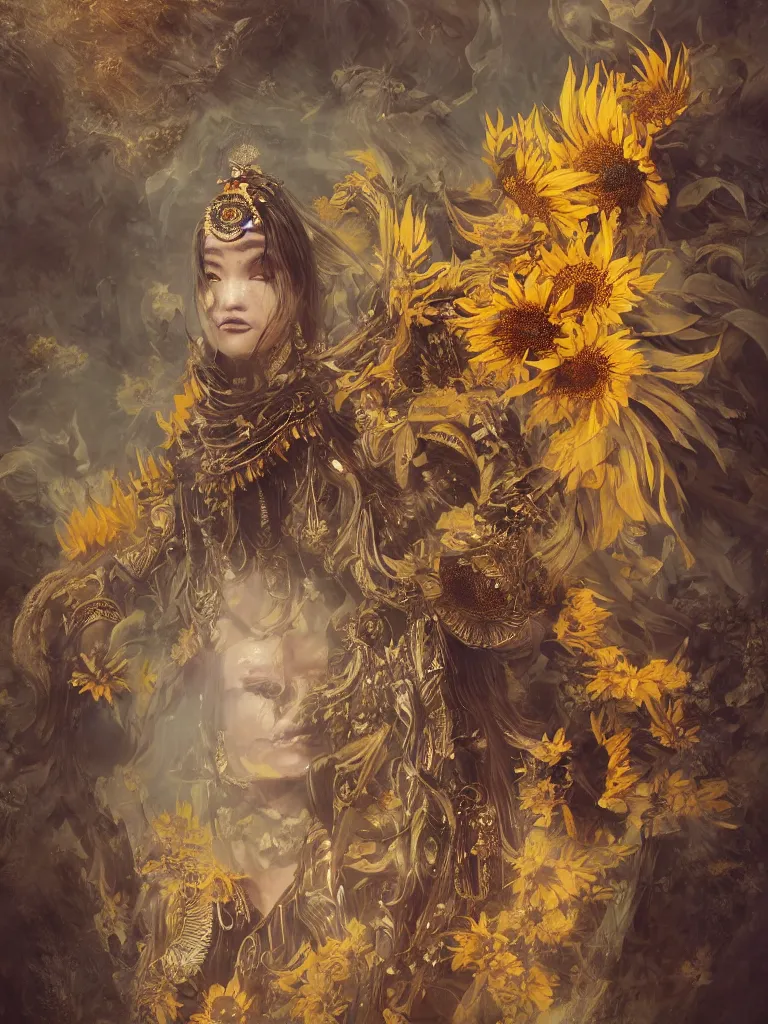 Image similar to a fancy portrait of the goddess of sunflowers, a beautiful mongolian female deity by Greg Rutkowski, Sung Choi, Mitchell Mohrhauser, Maciej Kuciara, Johnson Ting, Maxim Verehin, Peter Konig, Bloodborne, macro lens, 35mm, 8k photorealistic, cinematic lighting, HD, high details, atmospheric