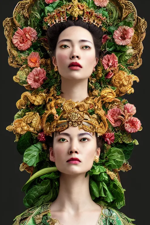 Image similar to a beautiful empress portrait, with a brilliant, impossible striking big salad headpiece, clothes entirely made out of salad, everything salad, symmetrical, dramatic studio lighting, rococo, baroque, greens, asian, hyperrealism, closeup, D&D, fantasy, intricate, elegant, highly detailed, digital painting, artstation, octane render, 8k, concept art, matte, sharp focus, illustration, art by Artgerm and Greg Rutkowski and Alphonse Mucha