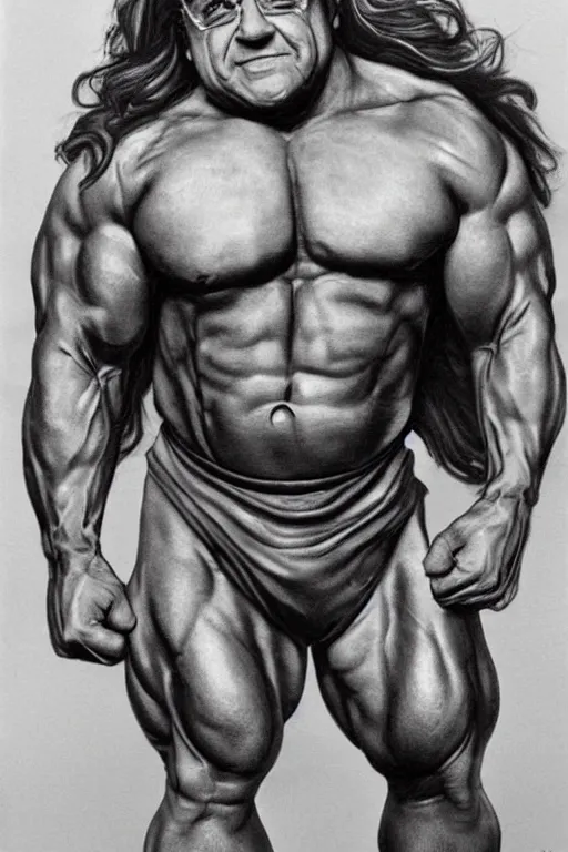 Image similar to muscular danny devito, danny devito bodybuilder, photorealistic, highly detailed,