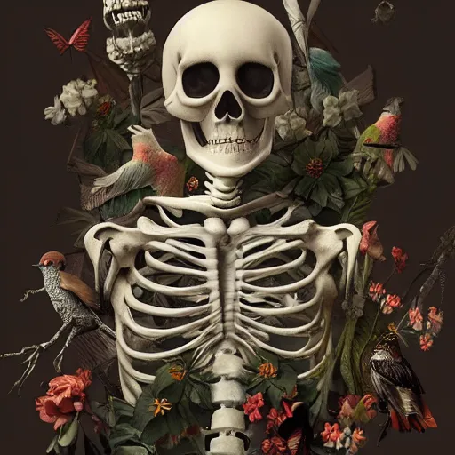 Image similar to a painting of a skeleton with a bird on its shoulder, a digital painting by Chris LaBrooy, cgsociety, vanitas, made of flowers, poster art, rendered in cinema4d