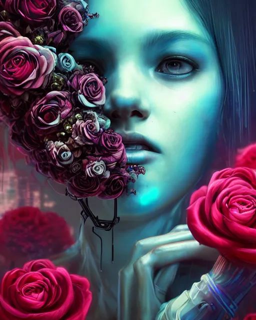 Image similar to portrait of a female face with roses instead of eyes, cyberpunk cyborg. roses, sci - fi, intricate abstract upper body intricate artwork, by tooth wu, wlop, beeple, dan mumford. concept art, octane render, deviantart, greg rutkowski, cinematic arthouse, key art, hyper realism, iridescent accents