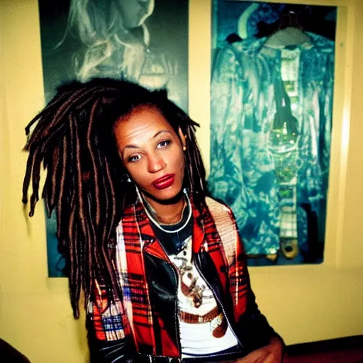 Image similar to jamaican woman with dreads wearing a leather jacket and a plaid miniskirt at a fancy restaurant, polaroid, by nan goldin, jamel shabbaz, gregg araki