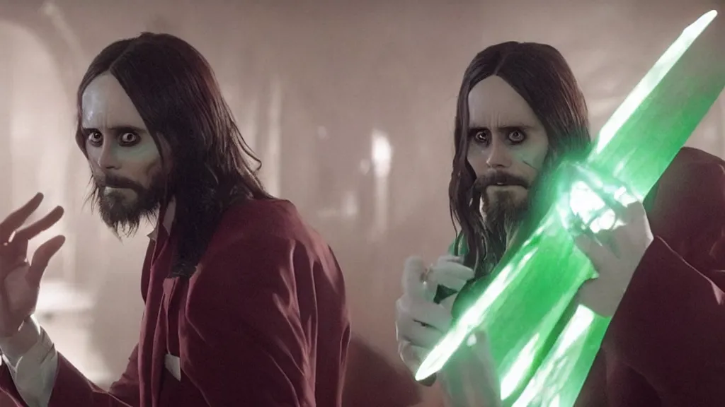 Prompt: The scene in Morbius (2022) when Jared Leto activates his large green translucent brilliant cut diamond held in his palm, shot on Kodak Vision 200T, 8k, cinematography, composition, beautiful lighting