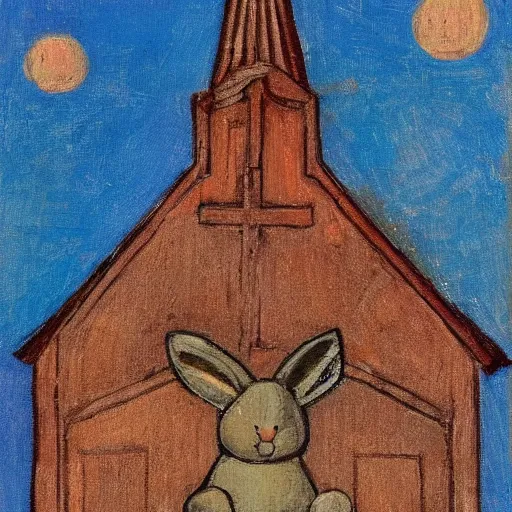 Prompt: a rabbit sitting in front of an old wooden russian church, in the style of ilya repin