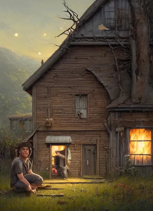 Image similar to highly detailed hyperrealistic painting of a blonde long - haired hillbilly in front of old rough house, with his fluffy black and gray australian shepherd, bonfire, stephen bliss, art by greg rutkowski, loish, rhads, ferdinand knab, makoto shinkai and lois van baarle, tom bagshaw, global illumination, artstation