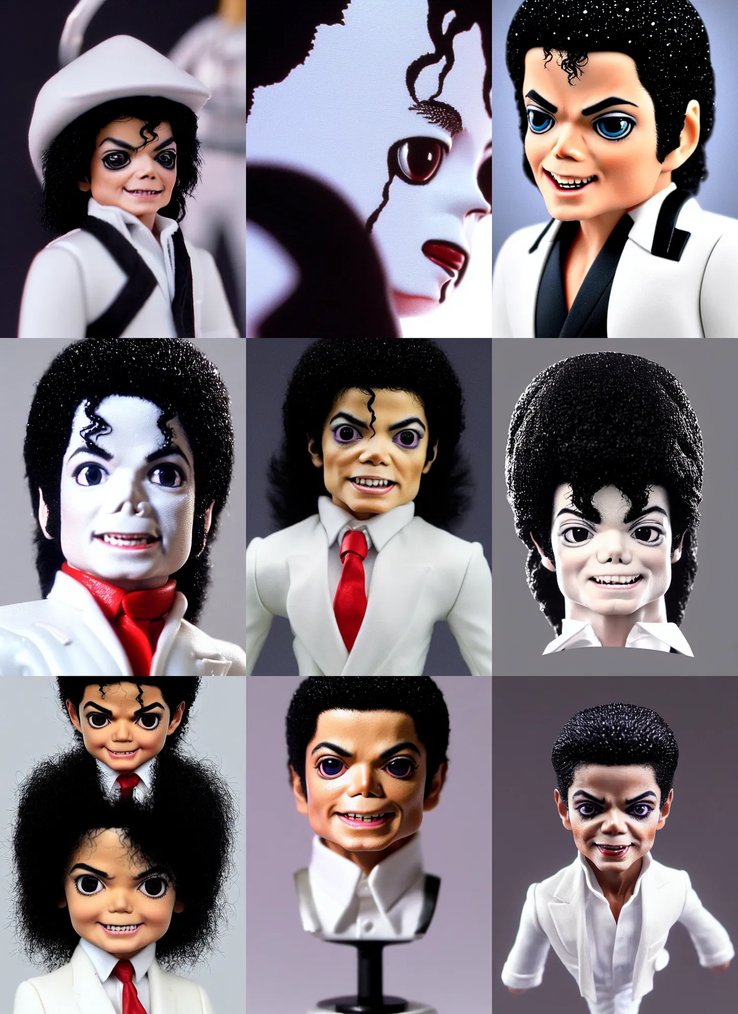 Prompt: macro head shot 8 5 mm of calm michael jackson as baby! rockstar dancer with white suit by neca!!! cute! pretty! beautiful! very detailed realistic action figure by neca in the style of pixar, character from king of fighters, film still, bokehs