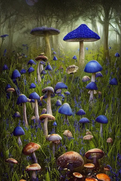 Prompt: beautiful dark wonderland at night with mushrooms and grassy magic drooping bluebell flowers Digital Matte Illustration by James Gurney