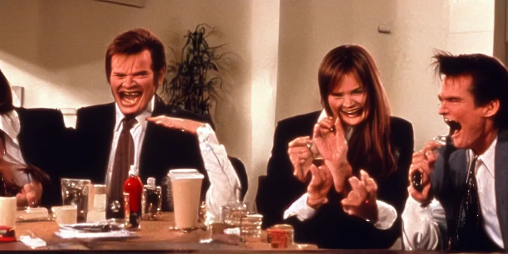 Image similar to still frame of Geena Davis, Roger Moore and Jim Carrey in Pulp Fiction laughing hysterically over a joke