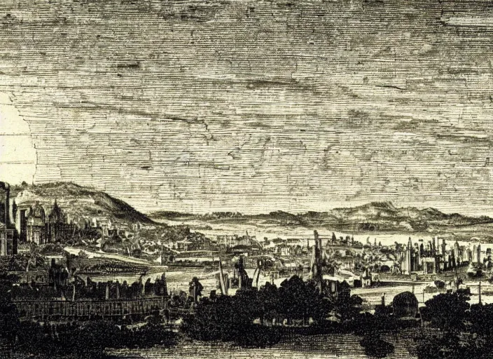 Prompt: detail from Hollar’s Panoramic view of a Martian city, 1647