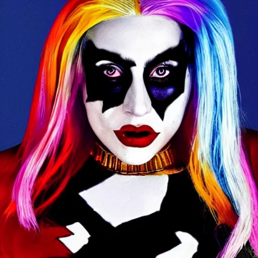Prompt: Lady Gaga is Harley Quinn, ultra detailed, golden hour