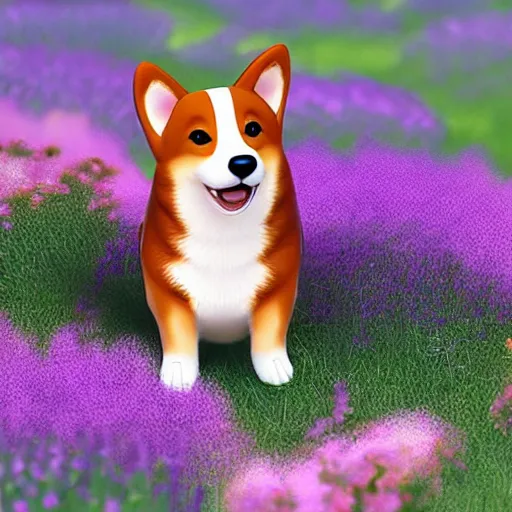 Prompt: the most adorable corgi puppy walking through a field of beautiful flowers, hyperrealistic, lifelike, very detailed, soft focus, dreamy, makoto shinkai