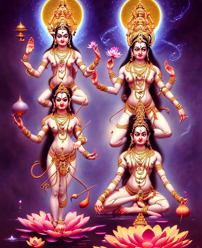 Image similar to beautiful hindu goddess laxmi fantasy character portrait, four hands, standing on a lotus, ultra realistic, intricate details, the fifth element artifacts, highly detailed by peter mohrbacher, hajime sorayama, wayne barlowe, boris vallejo, aaron horkey, gaston bussiere, craig mullins