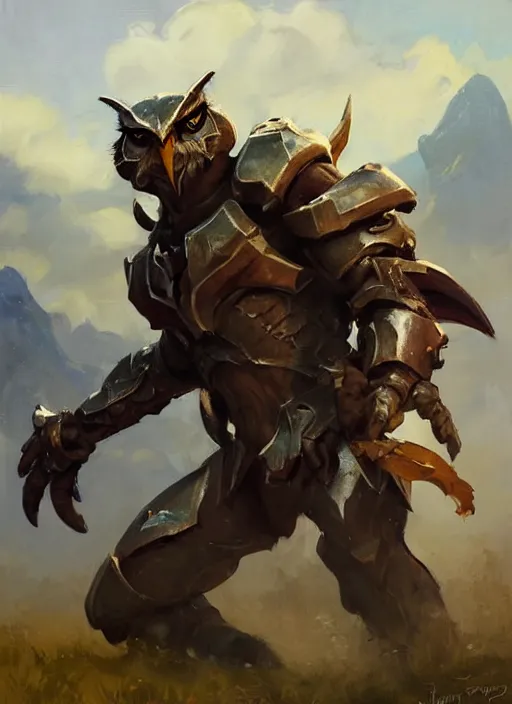 Image similar to Greg Manchess painting of a Owl Charr from Guild Wars 2 wearing Forerunner Armor from Halo, countryside, calm, fantasy character portrait, dynamic pose, above view, sunny day, artwork by Jeremy Lipkin and Giuseppe Dangelico Pino and Michael Garmash and Rob Rey, very coherent asymmetrical artwork, sharp edges, perfect face, simple form, 100mm