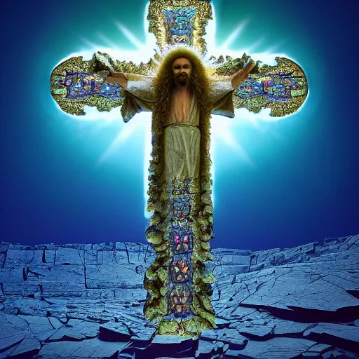 Image similar to a crystalline 3 d mandelbulb fractal in the shape of jesus christ on the cross, bioluminescent opal, fractal, magnificent lighting, ethereal, ray tracing, octane