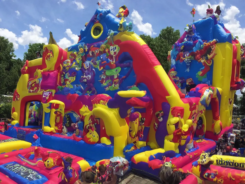 Prompt: huge death metal bouncy castle, highly detailed photo