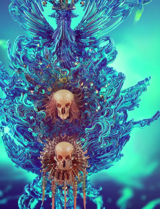 Prompt: goddess phoenix macro close - up portrait with crown made of ram skull. phoenix, betta fish, jellyfish, bioluminiscent, plasma, wind, creature, super intricate ornaments artwork by tooth wu and wlop and beeple and greg rutkowski