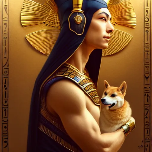 Prompt: portrait painting of egyptian pharaoh with a shiba inu, ultra realistic, concept art, intricate details, eerie, highly detailed, photorealistic, octane render, 8 k, unreal engine. art by artgerm and greg rutkowski and charlie bowater and magali villeneuve and alphonse mucha