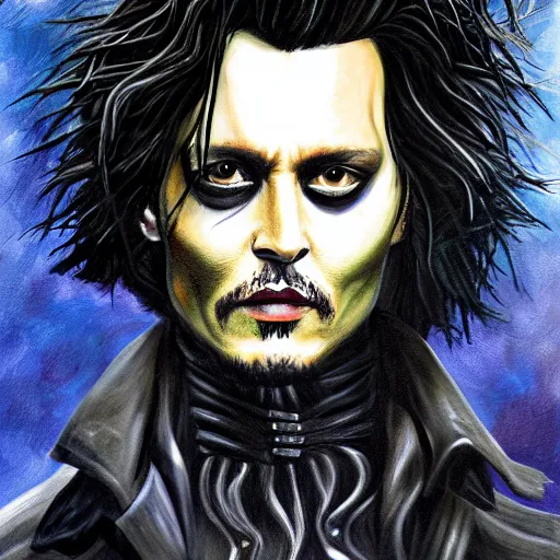 Image similar to portrait of johnny depp as edward scissorhands, highly detailed, centered, solid color background, digital painting