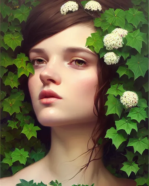 Prompt: stylized portrait of an artistic pose, composition, young lady sorrounded by nature, ivy's, flowers, realistic shaded, fine details, realistic shaded lighting poster by ilya kuvshinov, magali villeneuve, artgerm, jeremy lipkin and michael garmash and rob rey