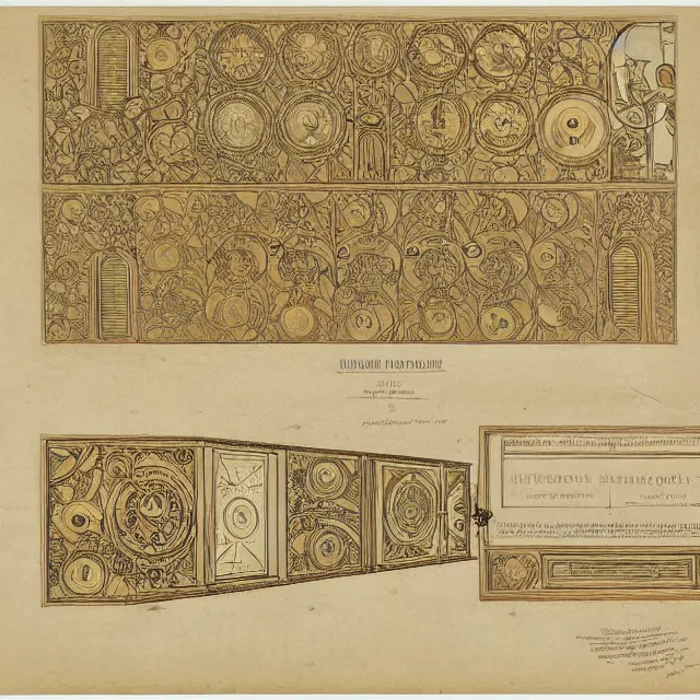 Image similar to detailed, intricate technical drawings on parchment from 1 8 4 0, accented with color, with labels and notes, for a beautiful, symmetric, art deco plotter printer, by ron cobb and alphonse mucha