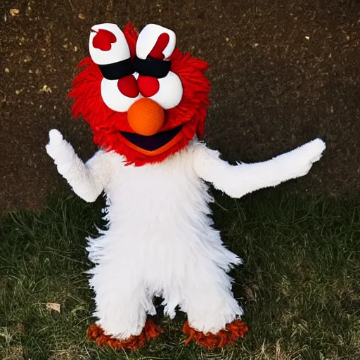 Image similar to a fluffy muppet in the shape of elmo with fluffy soft dark brown fur and with rabbit ears wearing a karate uniform out in nature, photography, photorealistic, muppet, national geohraphic