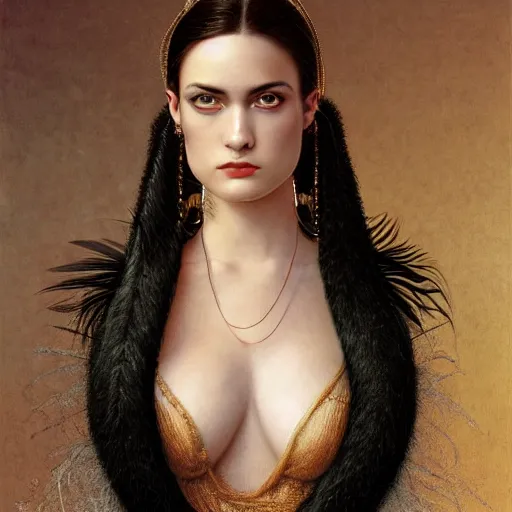 Prompt: highly detailed ilustration of a beautiful cute girl with feathers, endless black hair, with pale skin, by nicola samuri, by dino valls, by m. w. kaluta, rule of thirds, seductive look, 4 k resolution