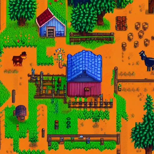 Image similar to the perfect farm in stardew valley, detailed, trending, digital art on artstation