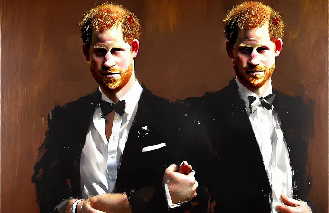 Image similar to portrait of prince harry!!!!!!!!!!!!!!!!!!!!!!!!!!!, detailed face, detailed painting, epic lighting, by ilya repin, phil hale and kent williams