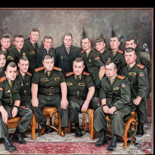 Image similar to wagner russian military force exorcism group photo - realistic, color image, 2 k, highly detailed, occult art