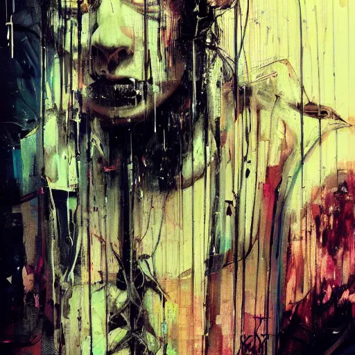 Prompt: a cyberpunk noir detective, skulls, wires cybernetic implants, machine noir grimcore in cyberspace photoreal, atmospheric by jeremy mann francis bacon and agnes cecile, ink drips paint smears digital glitches