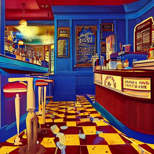 Prompt: inside an old fashioned ice cream parlor. a leaking case of melting ice cream cases is behind the bar. the leak has made a puddle on the floor, and the puddle is reminiscent to the shape of werewolf fangs. there is an eerie voluminous blue electric glow. digital art, ultrarealistic, cinematic, autochrome