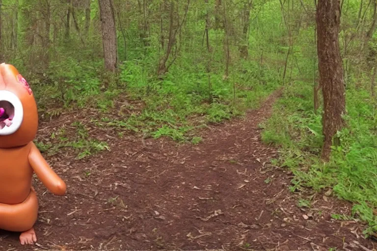 Prompt: trail cam footage of a humanoid hot dog with arms and legs