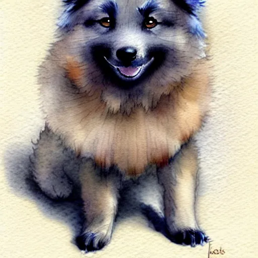 Image similar to a keeshond puppy watercolor painting by jean - baptiste monge, muted colors